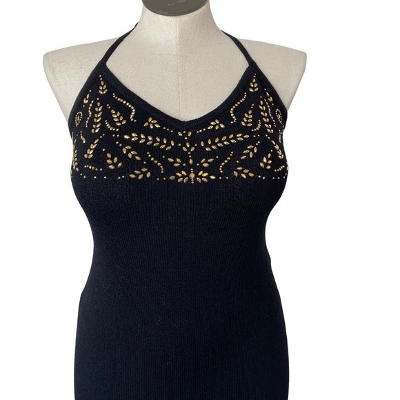 St John Evening Marie Gray Dress Maxi Santana Knit Sleeveless Gold Size 6 - Picture 2 of 16